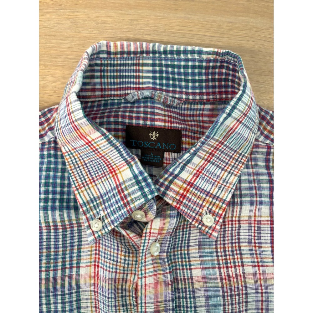 Toscano Mens Large 100% Linen Plaid Long Sleeve Button Down Shirt Multi-Color - Picture 5 of 5